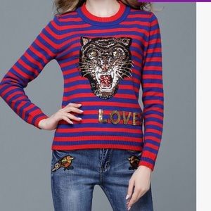 Red & Blue stripe Tiger LOVED crew neck sweater